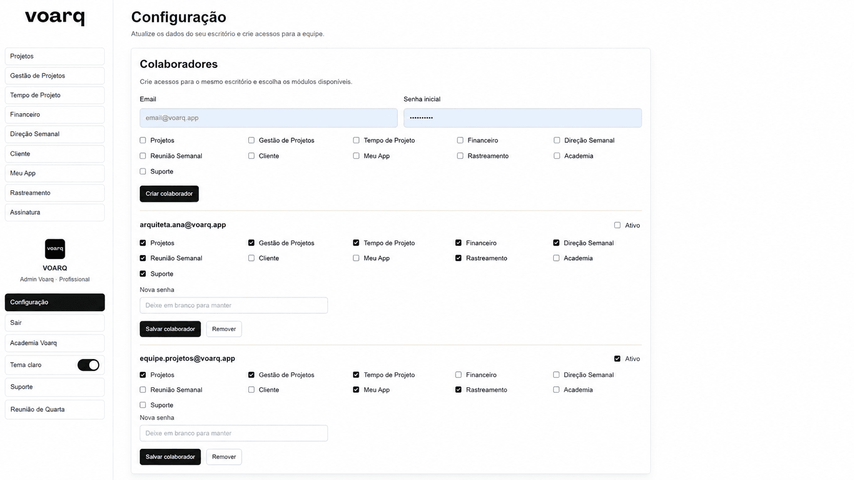 Painel de Colaboradores no voarq